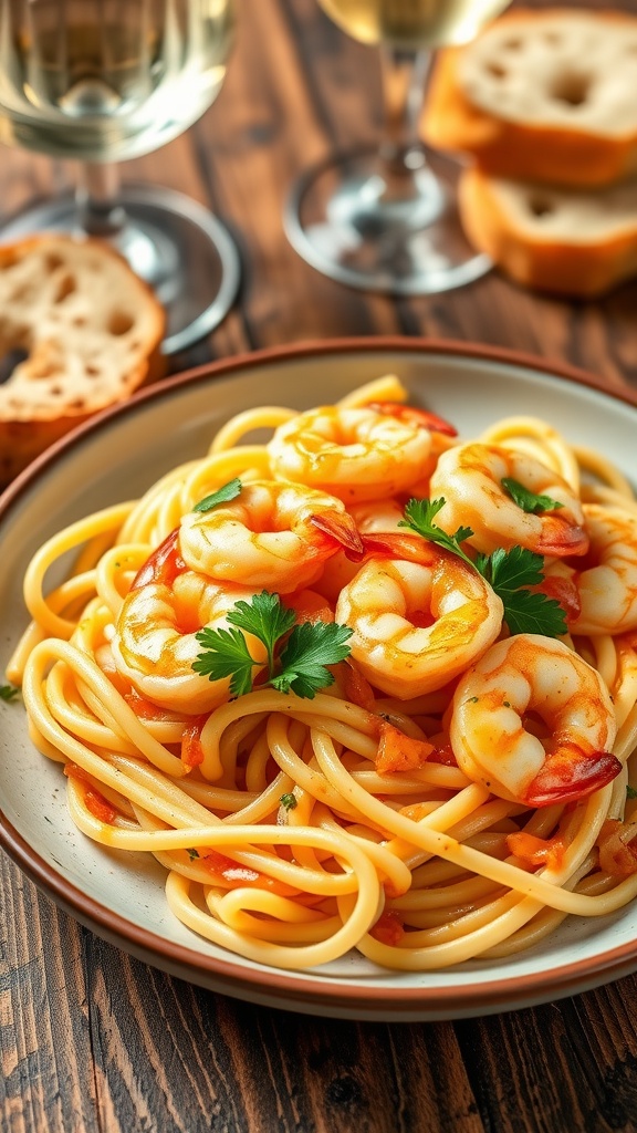 A plate of garlic butter shrimp on pasta, garnished with parsley, with a glass of wine and bread in the background.